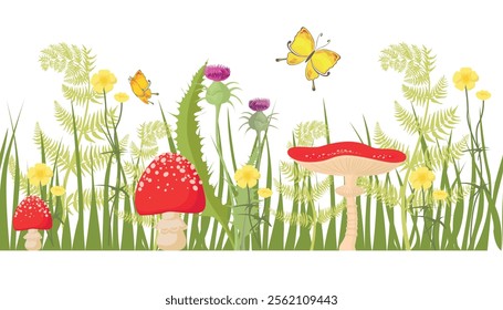 Seamless background with plants, fly agarics, butterflies in cartoon style. Vector illustration of beautiful fern,buttercup flowers,fly agarics,grass,thistles,butterflies isolated on white background.