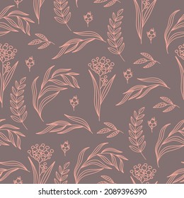 Seamless background with plants. Peach background. Pattern with flowers. White flowers.