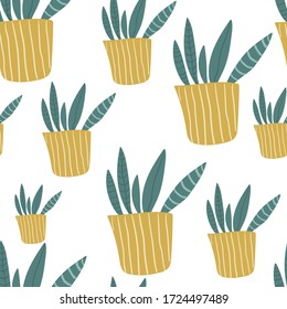 Fondo de plantas sin foco en ollas amarillas. Plantas de hogar en ollas. Sencillo dibujo de estilo escandinavo plano en una paleta pastel. Quédate en casa.