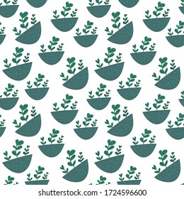 Seamless background of plants in yellow pots.Cute home plants in pots. Simple cartoon flat Scandinavian style in a pastel palette. Stay home.