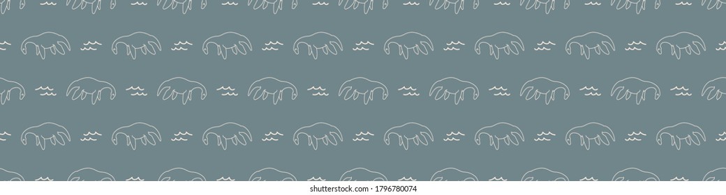 Seamless background plesiosaur dinosaur gender neutral baby border pattern. Simple whimsical minimal earthy 2 tone color. Kids nursery decor edging fashion ribbon trim.