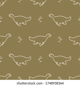 Seamless background Plesiosaurus aquatic dinosaur gender neutral baby pattern. Simple whimsical minimal earthy 2 tone color. Kids nursery wallpaper or boho cartoon animal fashion all over print.