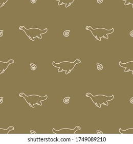 Seamless background Plesiosaurus dinosaur with fossil gender neutral baby pattern. Simple whimsical minimal earthy 2 tone color. Kids nursery wallpaper or boho cartoon animal fashion all over print.