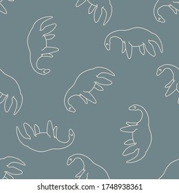 Seamless background Plesiosaurus dinosaur gender neutral baby pattern. Simple whimsical minimal earthy 2 tone color. Kids nursery wallpaper or boho cartoon animal fashion all over print.