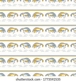 Seamless background Plesiosaurus dinosaur stripe gender neutral baby pattern. Simple whimsical minimal earthy 2 tone color. Kids nursery wallpaper or boho cartoon animal fashion all over print.