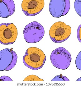 Seamless background with plum isolated on white. Endless texture for season design.Vector. Print for bed linens, fabric, textiles, wallpaper, greeting cards, wrapping paper,gift box
