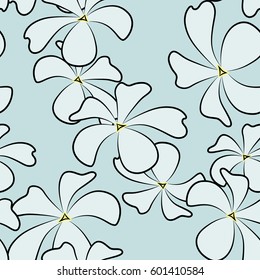 Seamless background. Plumeria, frangipani, tropics. Sketch, hand drawn, ink style