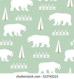 Seamless background with polar bears for winter and christmas theme. Vector illustration. 