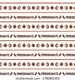 Seamless background pomegranate text stripe. Gender neutral kid food pattern. Simple whimsical minimal earthy 2 tone color. Baby nursery wallpaper or boho decorative gardening decor all over print. 