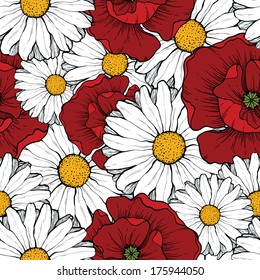 Seamless background with poppies and daisies 