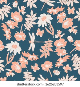 seamless background with poppy and chamomile and insects, vector design