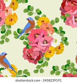 Seamless background with poppy, chrysanthemum, peony and birds. For decoration textile, packaging, wallpaper. Vector illustration.