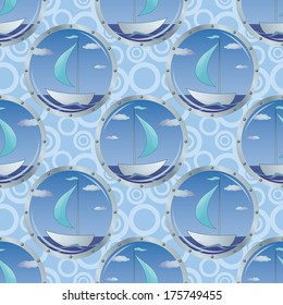 Seamless background, portholes with the ships floating on the sea. Vector