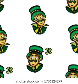 Seamless background of portraits of cheerful cartoon leprechauns in hats 