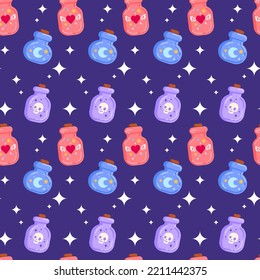 Seamless background of potions. Bottles with colorful liquid. Poison, love potion, sleep elixir. Magic symbol for background, greeting cards and print. Design for Halloween. Cute vector illustration.