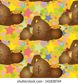Seamless background, pots and bags with money and abstract pattern. Vector