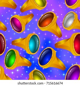 Seamless Background with Precious Gold Rings with Gems of Various Colors on Colorful Pattern, Tile Illustration for Jewelry Web Design. Eps10, Contains Transparencies. Vector