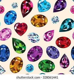 Seamless background of precious stones of different colors and shapes.