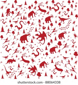seamless background with Prehistoric Era, animals in red color