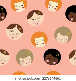 Seamless background, pretty girlish faces. Abstract pattern, woman countenance. Creative branding design
