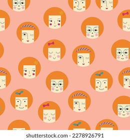 Seamless background, pretty girlish faces. Repeating print, women image. Surface design with simple shapes
