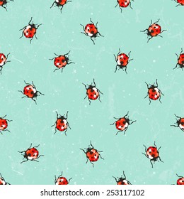 Seamless background with pretty watercolor ladybugs. Vector illustration.