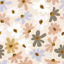 Seamless Background With Primitive Childish Floral Pattern. Simple Minimalistic Pastel Background, Cute Big Light Flowers In Boho Style. Baby Wallpaper, Print For Banner, Postcard, Packaging, Textile.
