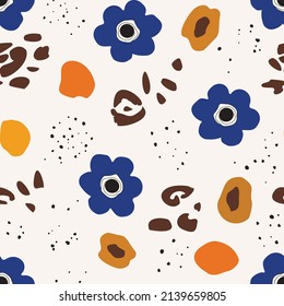 Seamless background with primitive childish floral pattern. Simple minimalistic background, cute big light flowers in boho style. print for a banner, postcard, packaging, textiles.