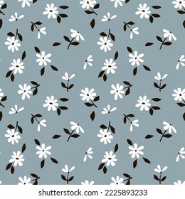 Seamless background with primitive childish floral pattern. Simple minimalistic cute white flowers in boho style on a blue background. Baby wallpaper for kids room, print for banner, postcard