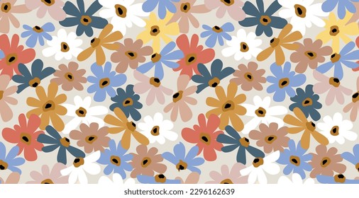 Seamless background with primitive childish floral pattern. Simple minimalistic background, cute big light flowers in boho style. Children's wallpaper, print for textile, cover