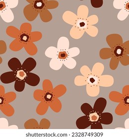 Seamless background with primitive childish floral pattern. Natural earth colors. Simple cute big flowers in boho style. Children's wallpaper for children's room, print for banner, postcard