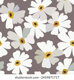 Seamless background with primitive daisy flower pattern. Simple minimalistic gray background, cute big bright flowers in boho style. Print for Hawaiian style shirts, banners, , postcards, textiles