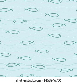 Seamless background. Primitive fish in the water. Silhouettes of fish in the sea. Waves, simple shapes, circles, bubbles. Pastel colors