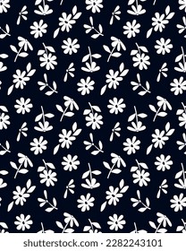 Seamless background with primitive floral pattern. Simple minimalistic background, small white flowers in boho style on a black background. Print for fabric, women's dress, banner, postcard, packaging
