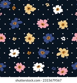 Seamless background with primitive floral pattern on modern polka dots black and white. Simple minimalistic cute big blue pink yellow flowers in boho style. Postcard, packaging, textile