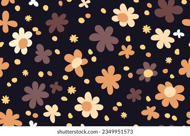 Seamless background with primitive floral pattern. Simple minimalistic cute flowers in boho style in different colors and sizes. Dark background. Wallpaper for children, print for packaging, textiles