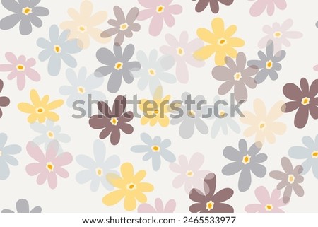 Seamless background with primitive floral pattern. Simple cute light large pastel yellow pink gray blue boho flowers. Delicate wallpaper, print for banner, postcard, packaging, textile