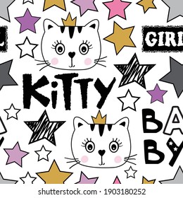 Fondo inmaculado con cara de gato princesa, estrellas y letras de bebé y niña dibujadas a mano.
