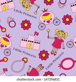 Seamless background with the princess and her belongings in pink