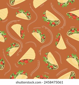 Seamless background and print pattern with mouthwatering Latin American food. Quesadilla and tacos in a flat style. Vector