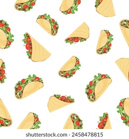 Seamless background and printable template with Latin American food on white background. Quesadilla and tacos in a flat style. Vector