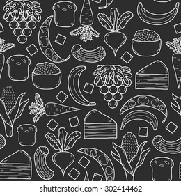 Seamless background with products prohibited during paleo diet in hand drawn cartoon outline style: corn, cake, rice, carrot, bread, bean, sugar. Healthy food concept for your design