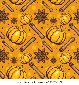 Seamless background with pumpkin, cinnamon sticks and anise stars. Design for menu, cosmetic, pack, wrapping paper and fabric.