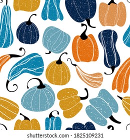 Seamless background with pumpkin. Decorating for the holidays Halloween and Harvest Festival. Hand-drawn blue and orange pumpkins in random order on a white background. Vector illustration.
