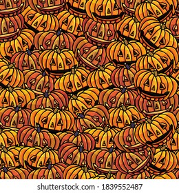 Seamless background pumpkin with face, cartoon style, doodle, vegetables, farm, agricultural, autumn, october, Halloween, masquerade, party, wallpaper, print, gift paper, fabric, clothes, 
pumpkins