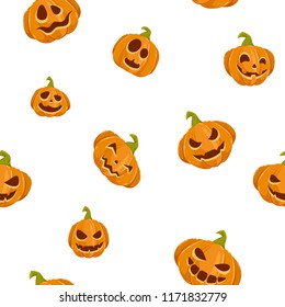 Seamless background with pumpkin lanterns for Halloween with smile on white, illustration.