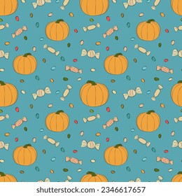 Seamless background with pumpkin, lollipops and candies, sweets, Halloween background. 1000x1000 pixels. Vector graphics.