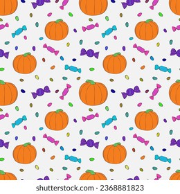 Seamless background with pumpkin, lollipops and candies, sweets, Halloween background. 1000x1000 pixels. Vector graphics.
