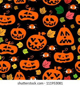 seamless background with pumpkin, spider and leaves,vector illustration