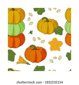 fondo ininterrumpido con calabazas, flores y hojas